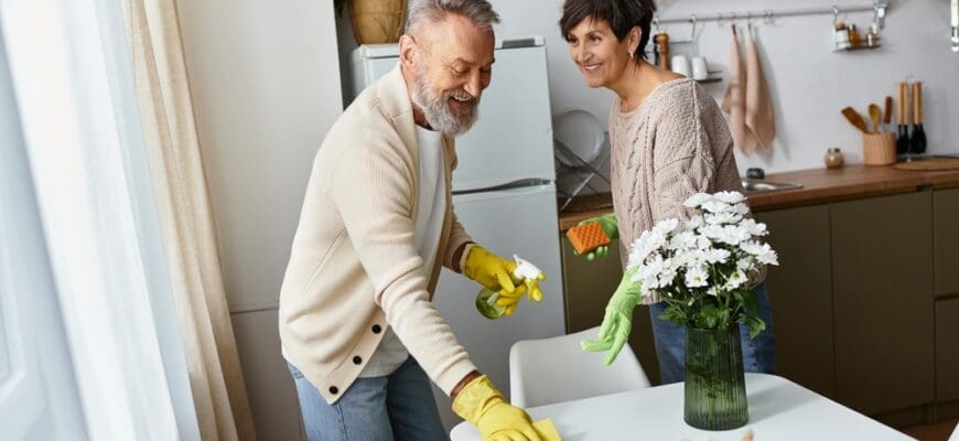 A,Couple,Engages,In,Cheerful,Cleaning,While,Sharing,Smiles,In